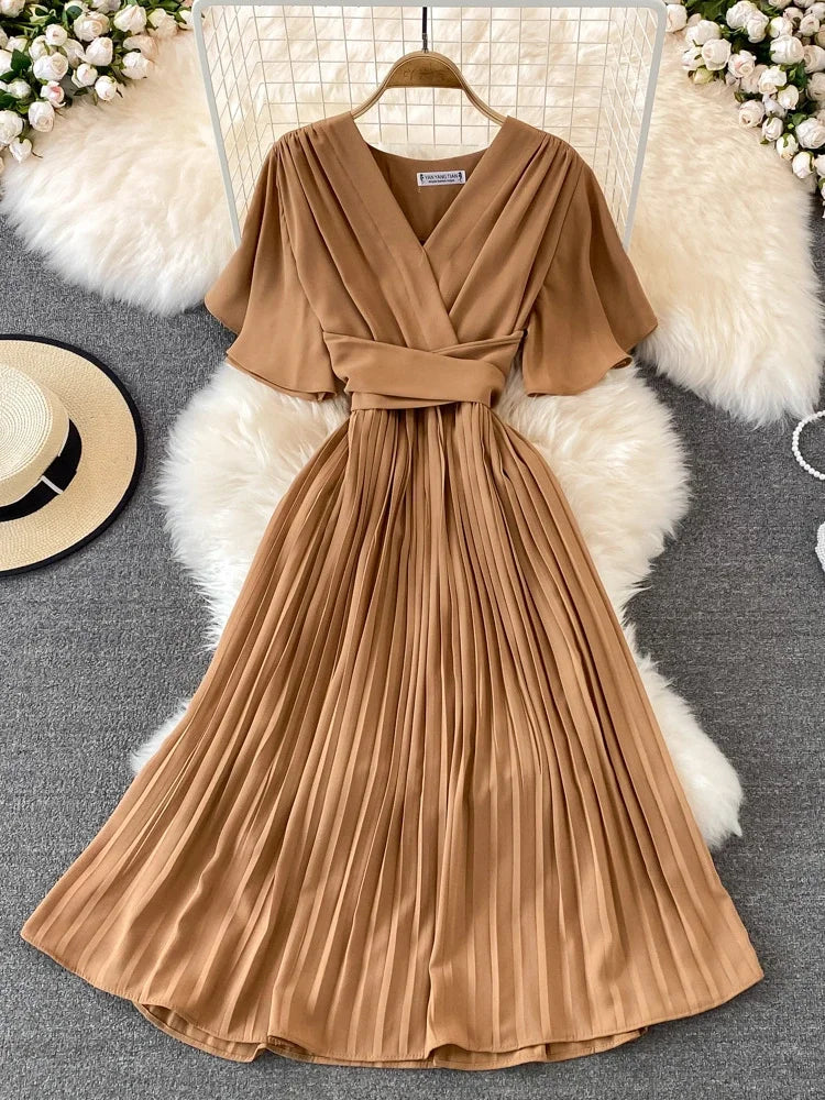 Pleated Dress Summer Short Sleeve V-neck Dresses a Line High Waisted Midi Dress