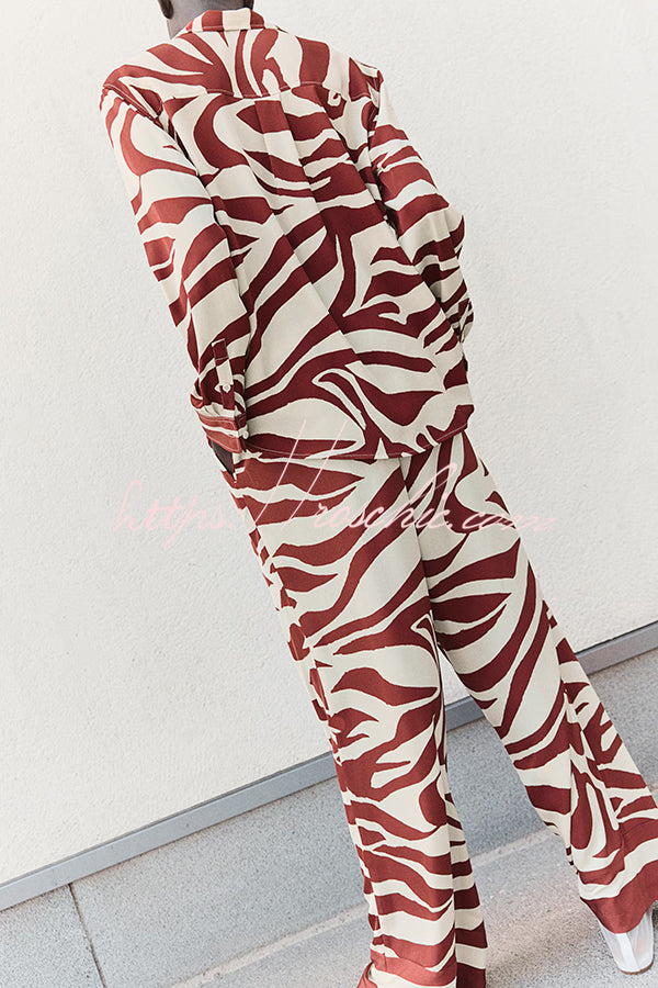 Unique Print Lapel Long Sleeve Loose Shirt and Elastic Waist Pocket Wide Leg Pants Set