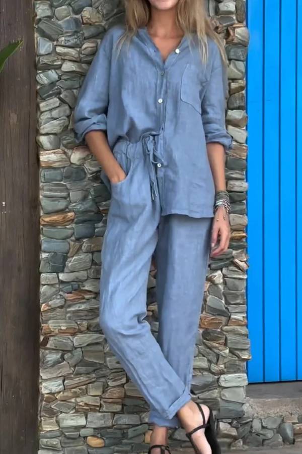 Color V-neck Shirt \u0026 Pants Cotton Linen Two-piece Set