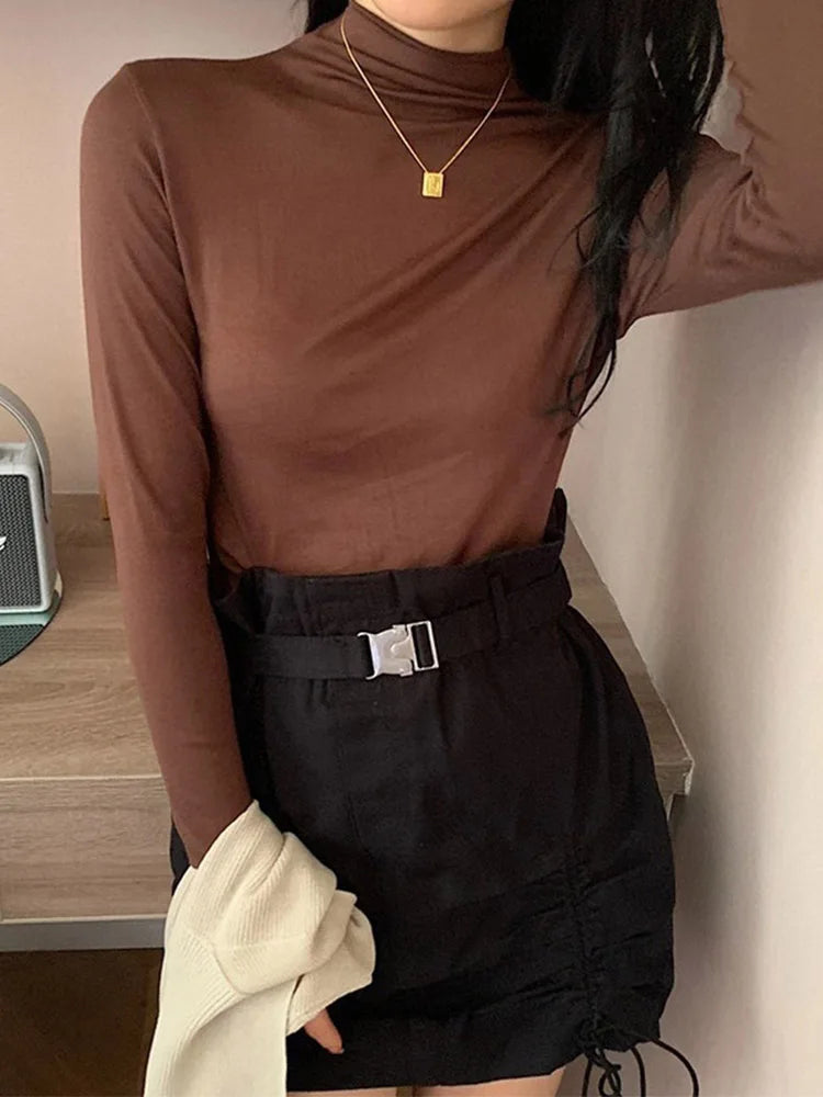 Pullover Turtleneck Sweater Autumn Long Sleeve Slim Korean Simple Basic Color Tops Jumper T Shirt