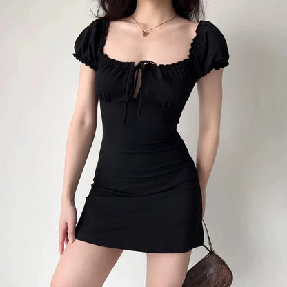 Summer Mini Dress Short Sleeved Lace Up Hollow Backless Folds Bodycon Black Dress Party A-line Dresses