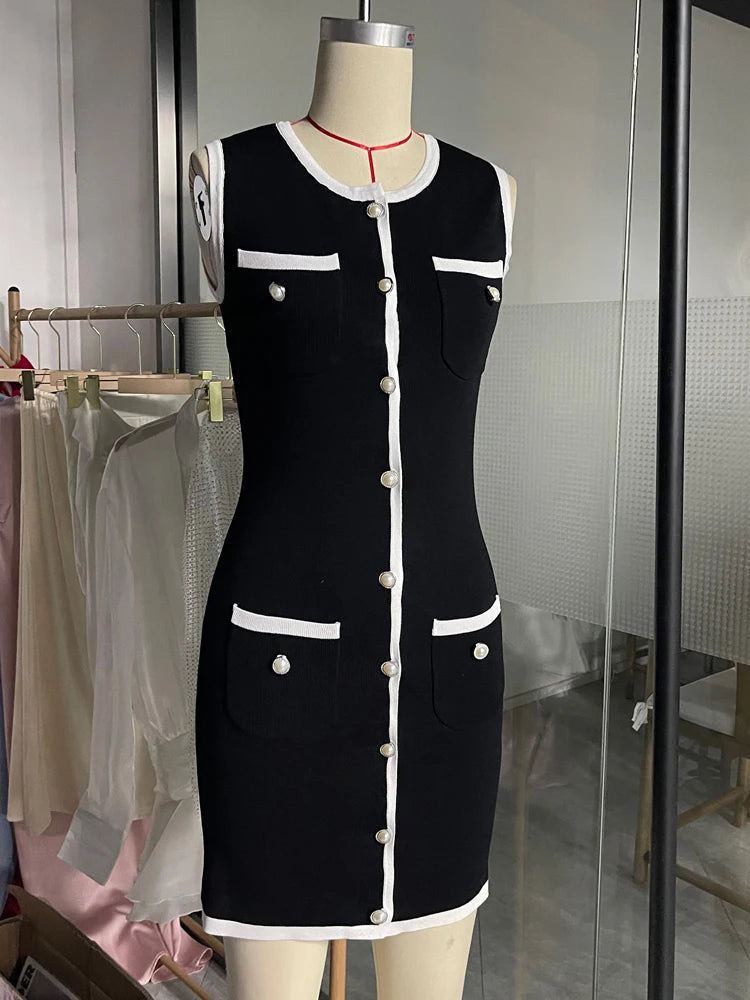 Sleeveless Patchwork Mini Dress With High Waist Pocket Cardigan