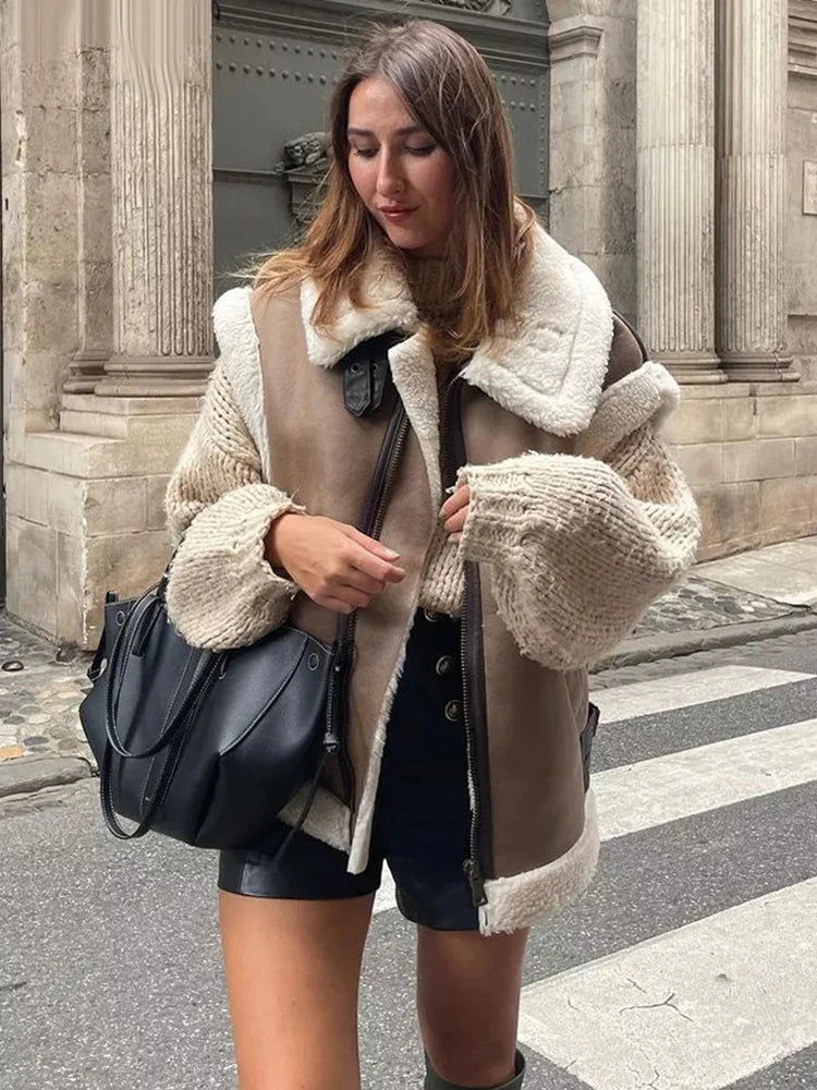 Suede Leather Thick Fleece Jacket Autumn Winter Splice Sleeveless Faux Shearling Jackets Vest Y2k Cardigans Coats