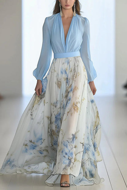 Plant Print V-neck Long Sleeve Stitching Maxi Dress