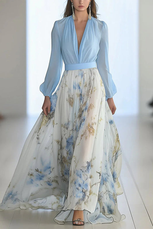 Plant Print V-neck Long Sleeve Stitching Maxi Dress