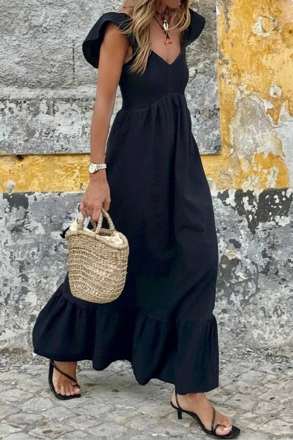 Black V Neck Flutter Sleeve Smocked Bodice High Waist Ruffle Maxi Dress