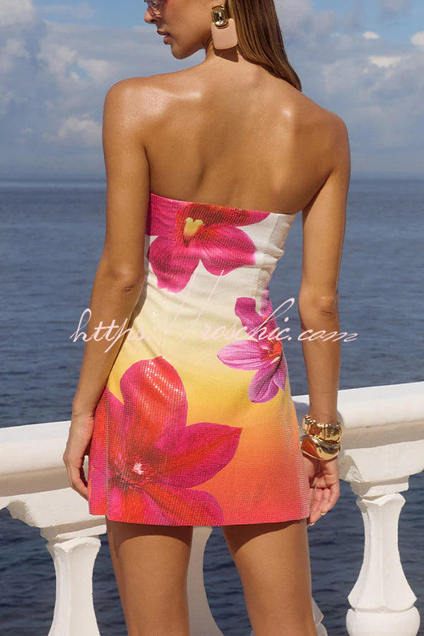 Beach Club Sequin Unique Flowers Print Strapless Stretch Mini Dress