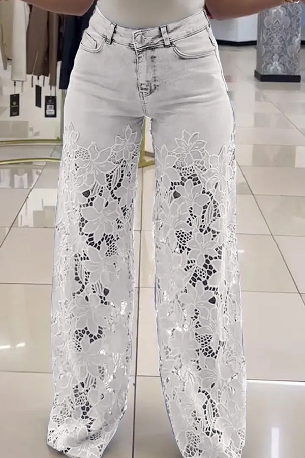 Hollow Lace Stitching Pocket Denim Wide-leg Pants