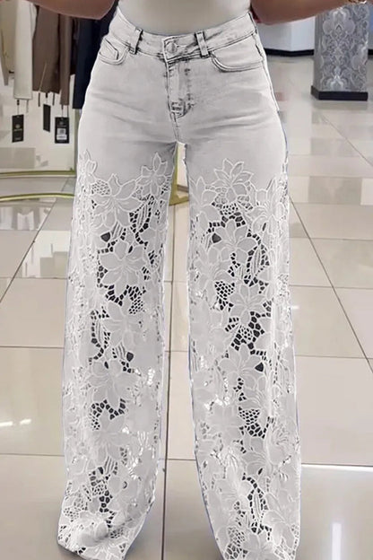Hollow Lace Stitching Pocket Denim Wide-leg Pants