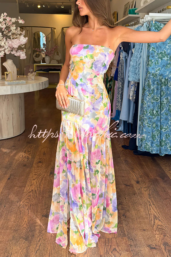 Print Strapless Fitted Slit Maxi Dress