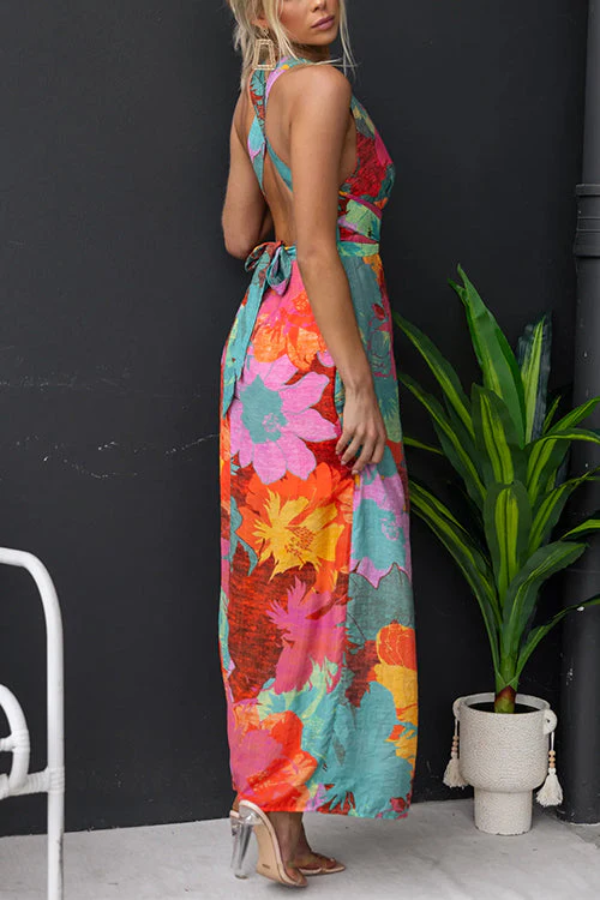 V Neck Sleeveless Tie Back Slit Print Maxi Dress