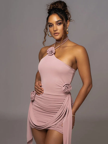 Halter Flower Mini Dress for Strapless Backless Irregular Dress Femme Ruched Skinny Club Party Dress