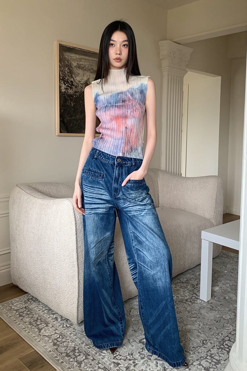 Gradient Color Mock Neck Sleeveless Pleated Blouse