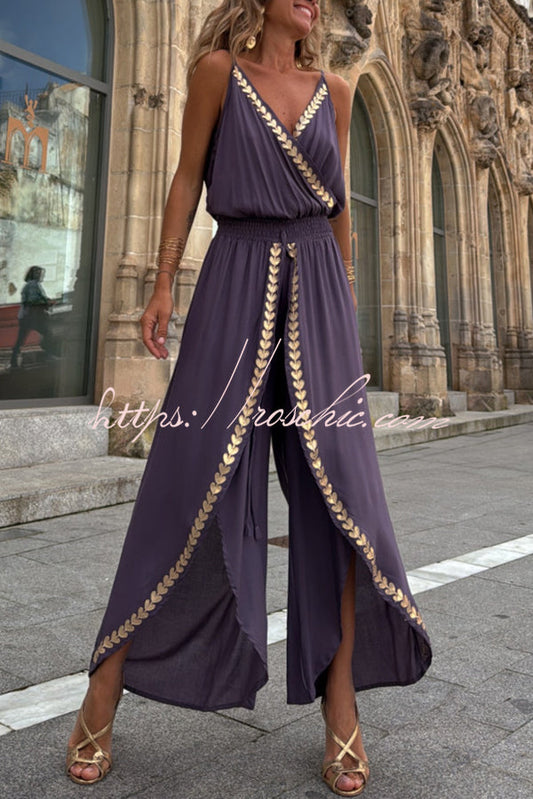 Tamia Gold Trim Elastic Waist Slit Wide Leg Slip Jumpsuit
