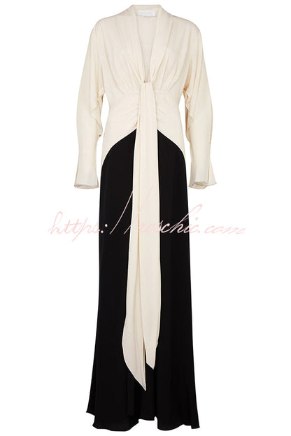 Contrast Color V-neck Tie High Waist Drape Maxi Dress