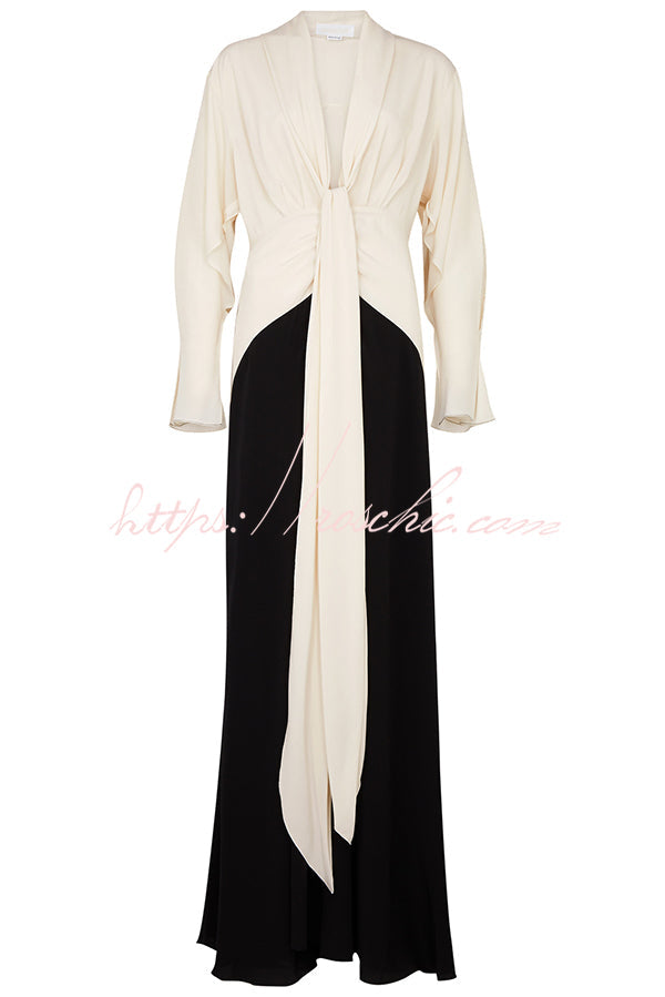 Contrast Color V-neck Tie High Waist Drape Maxi Dress