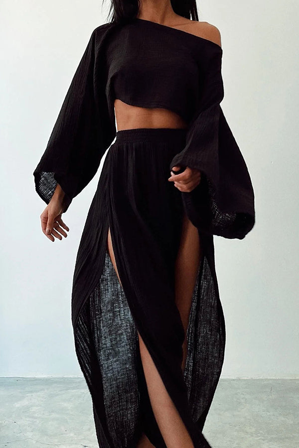 Beach Linen Blend Wide Sleeve Blouse and Elastic Waist Double Slit Skirt Set