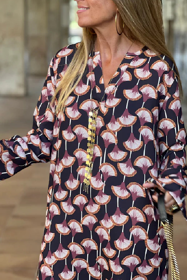 Printed V Neck Long Sleeve Maxi Dress