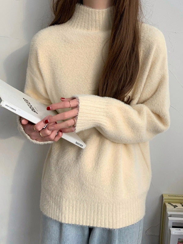 Warm Pink Mock Neck Long Sleeve Mink Sweater Qx005