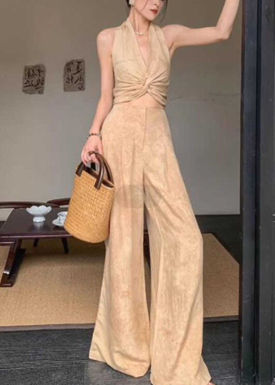 Original Design Halter Print Wrinkled Vest and Wide Leg Pants Two Pieces Set Sleeveless An1008
