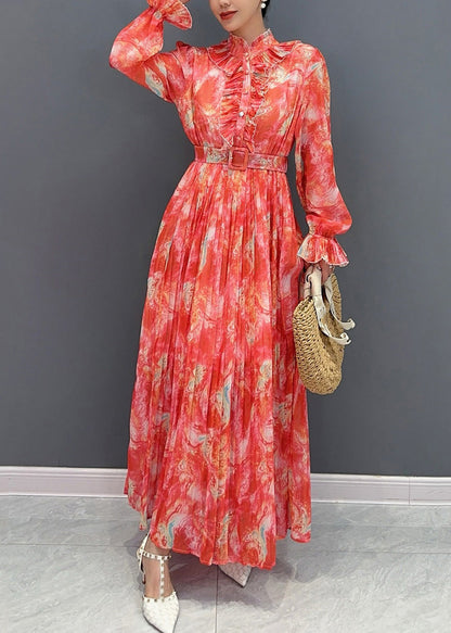 Red Stand Collar Print Sashes Chiffon Long Dress Long Sleeve Ao1035