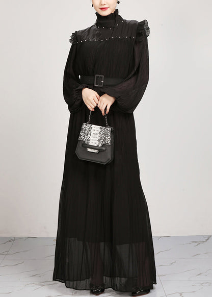 French Black Ruffled Chiffon Maxi Dresses Fall Ar1038