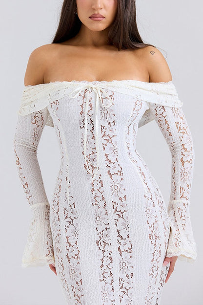 Lace Off Shoulder Flare Sleeve Fishtail Maxi Dresses-white