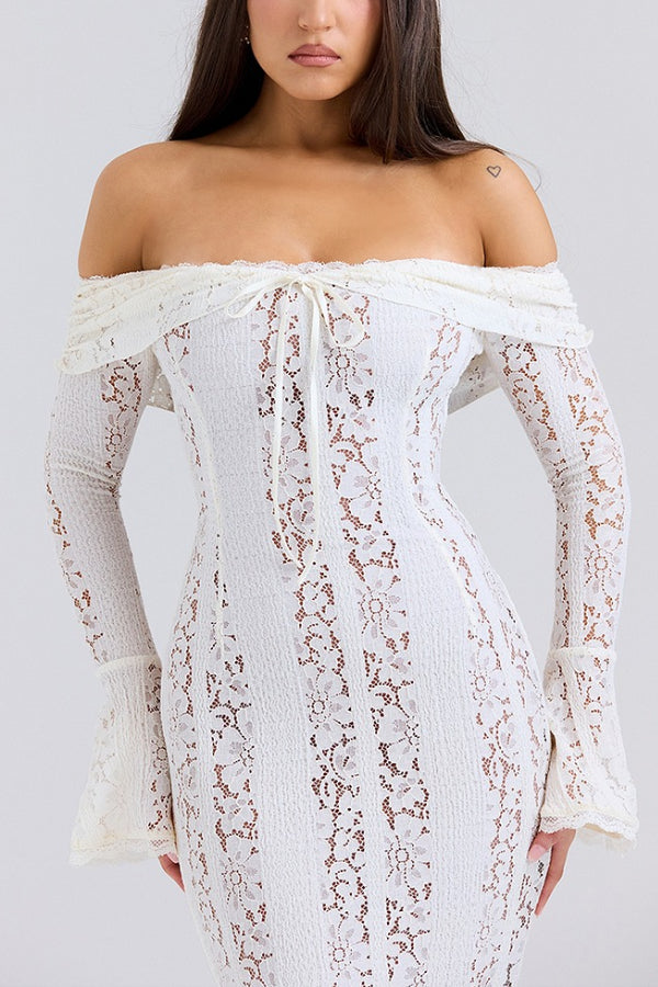 Lace Off Shoulder Flare Sleeve Fishtail Maxi Dresses-white