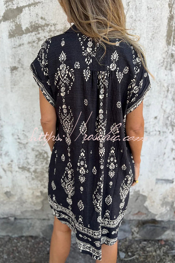 Linen Blend Unique Print Lapel Pocket Mini Dress