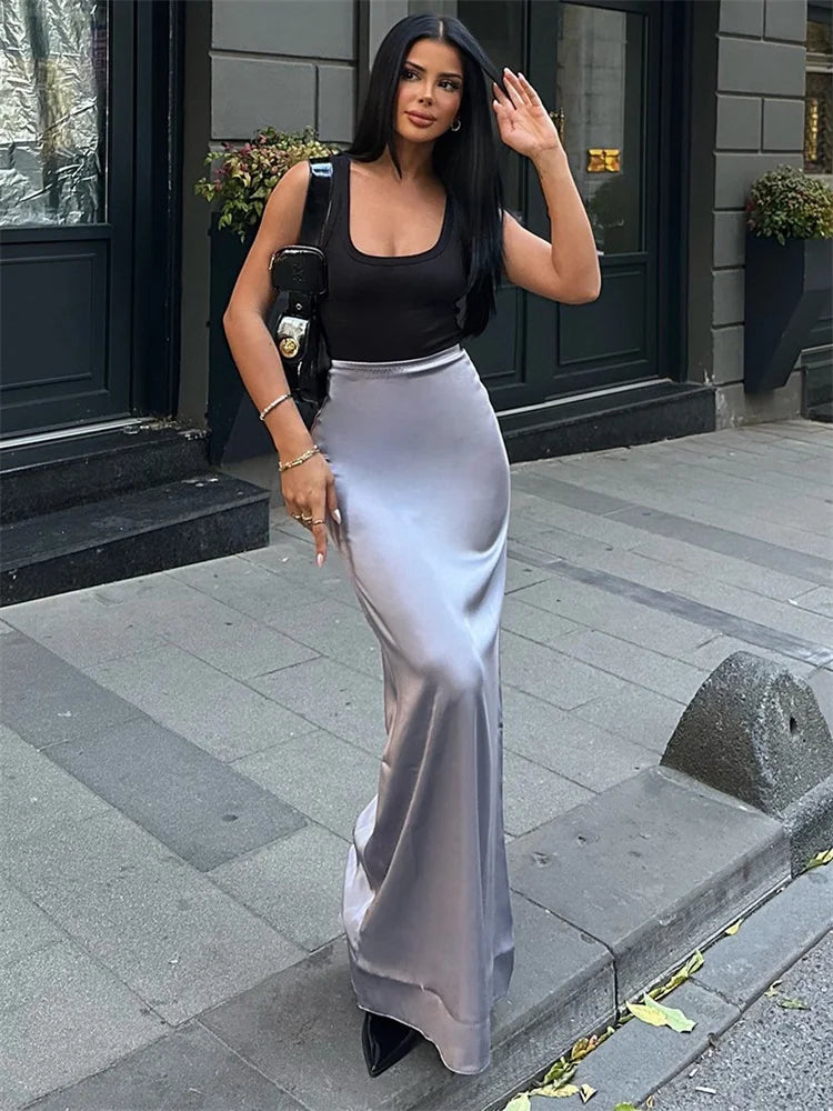 High Waist Long Skirt Slim Patchwork Y2k Maxi Skirt Autumn Satin Maxi Skirt