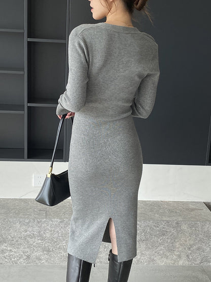Simple Skinny Long Sleeves Color Square-neck Sweater Dresses