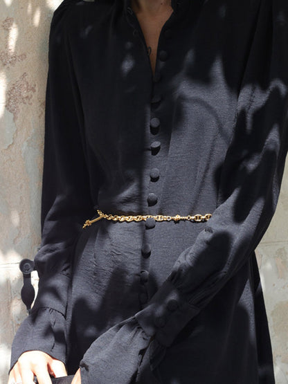 Flared Sleeves Long Sleeves Buttoned Color Split-side Stand Collar Midi Dresses Shirt Dress