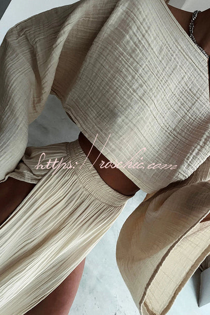 Beach Linen Blend Wide Sleeve Blouse and Elastic Waist Double Slit Skirt Set