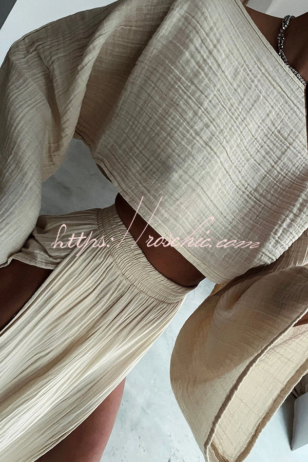 Beach Linen Blend Wide Sleeve Blouse and Elastic Waist Double Slit Skirt Set
