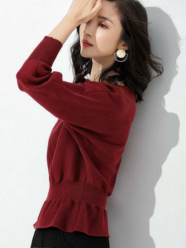 Red Boat Neck Tunic Ruffled Hem Long Sleeve Sweater An1040