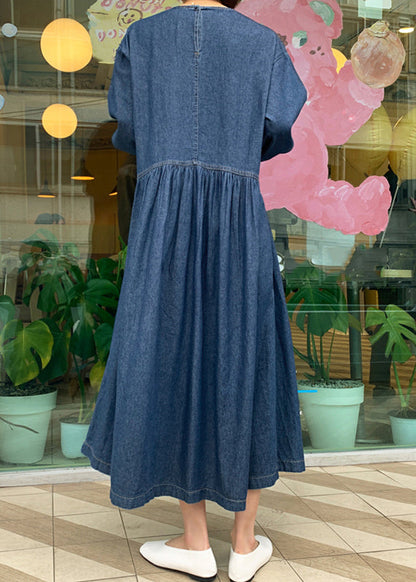 Denim Blue O-neck Wrinkled Patchwork Long Dress Spring Tt1049