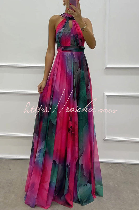Elaine Tulle Splash Print Cutout Halter Tie-up Neck Gown Maxi Dress