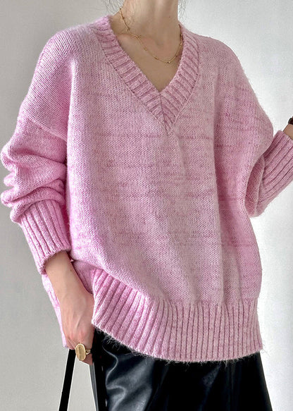 Loose Pink V Neck Hollow Out Cotton Knit Sweater Fall Af1091