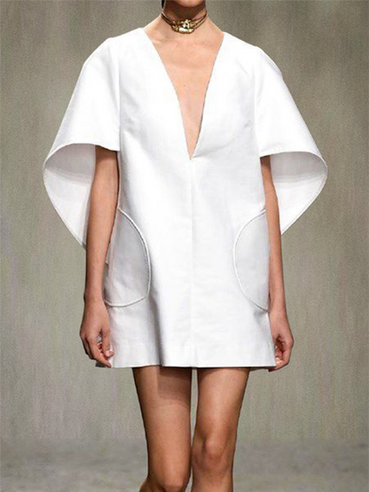 Half Sleeves Loose Color Deep V-neck Mini Dresses