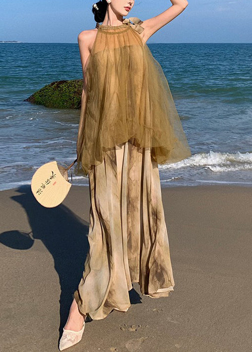 Holiday Style Tie Dyed Mesh Patchwork Fake Two Chiffon Long Dresses Tt1029