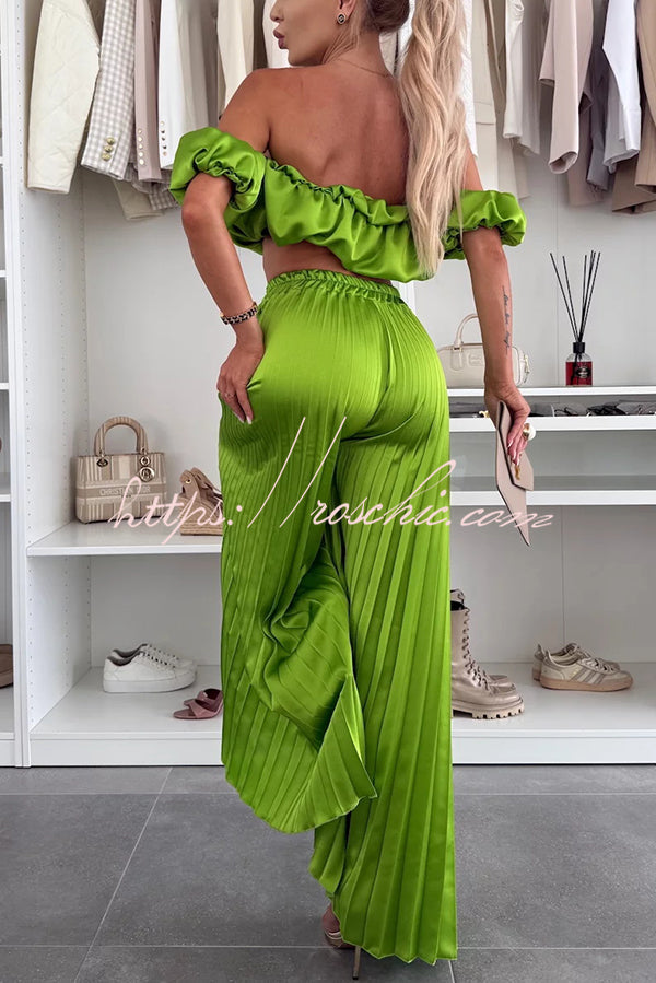 Jorie Satin Off Shoulder Puff Sleeve Crop Top and Elastic Waist Pleated Wide Leg Pants Set