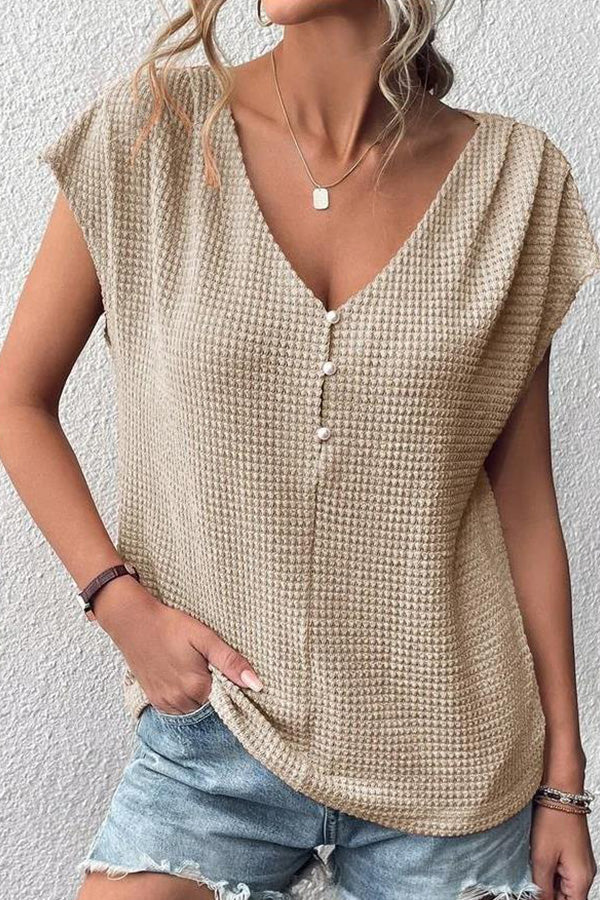 Waffle Color V Neck Button Pullover T-shirt