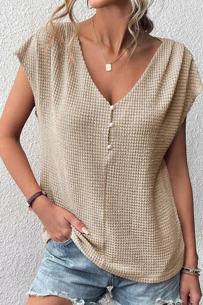 Waffle Color V Neck Button Pullover T-shirt