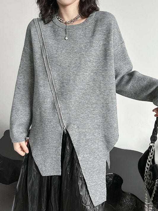 Street Grey Round-neck Zipper Decor Irregular High-low Hem Long Sleeve Sweater An1067