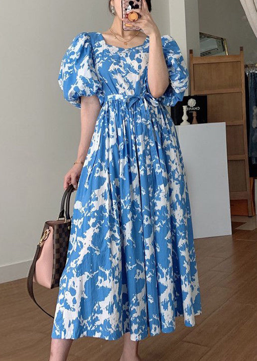 Blue Tie Waist Cotton Long Dresses Square Collar Puff Sleeve Qp007