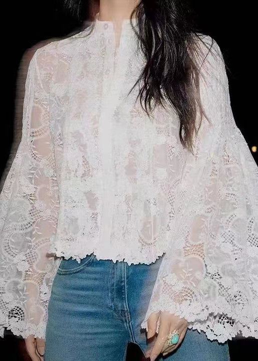 Stylish White Button Hollow Out Lace Blouses Flare Sleeve Qp056