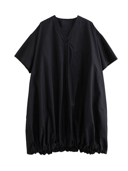 Loose Short Sleeves Color V-neck Midi Dresses