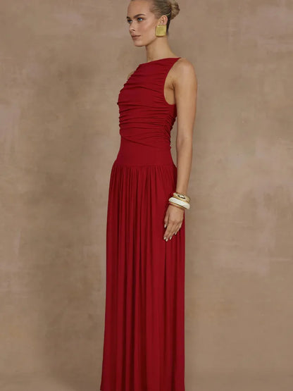 Artcat Sleeveless Round Neck Bodycon Long Dress for Folded Slimming Party Evening Dress Female Tight Vestido