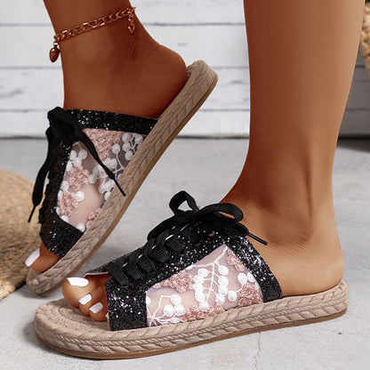 Sequined Mesh Embroidered Strappy Flat Slippers