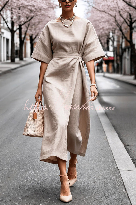 Color Round Neck Half Sleeve Waist Midi Dress